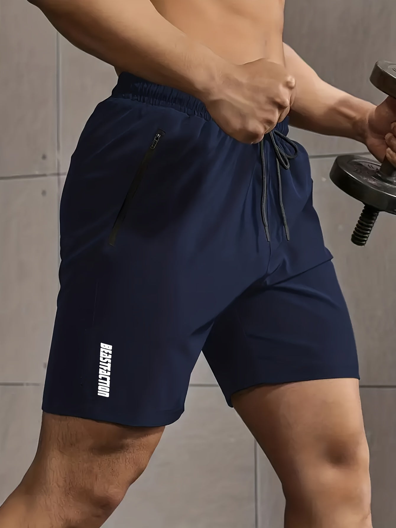 Men's Solid Shorts With Zipper Pockets, Active Elastic Waist Drawstring Shorts For Summer Outdoor Fitness