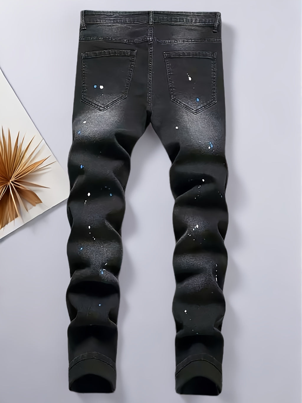 Men'S All-Season Casual Denim Jeans, G12# Black, Geometric-Pattern Washed Fabric, 63.7% Cotton, 34.3% Polyester, 2% Spandex, Regular Fit, Slight Stretch, 422g\u002Fm² Fabric Weight