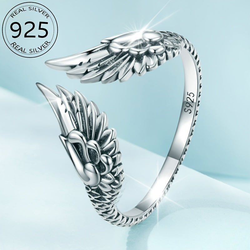 Silver Plated Plated Vintage Fashion Do Old Wing Open Ring Simple Vintage Guardian Feather Finger ring male and female Hip Hop holiday gift about 2.5g