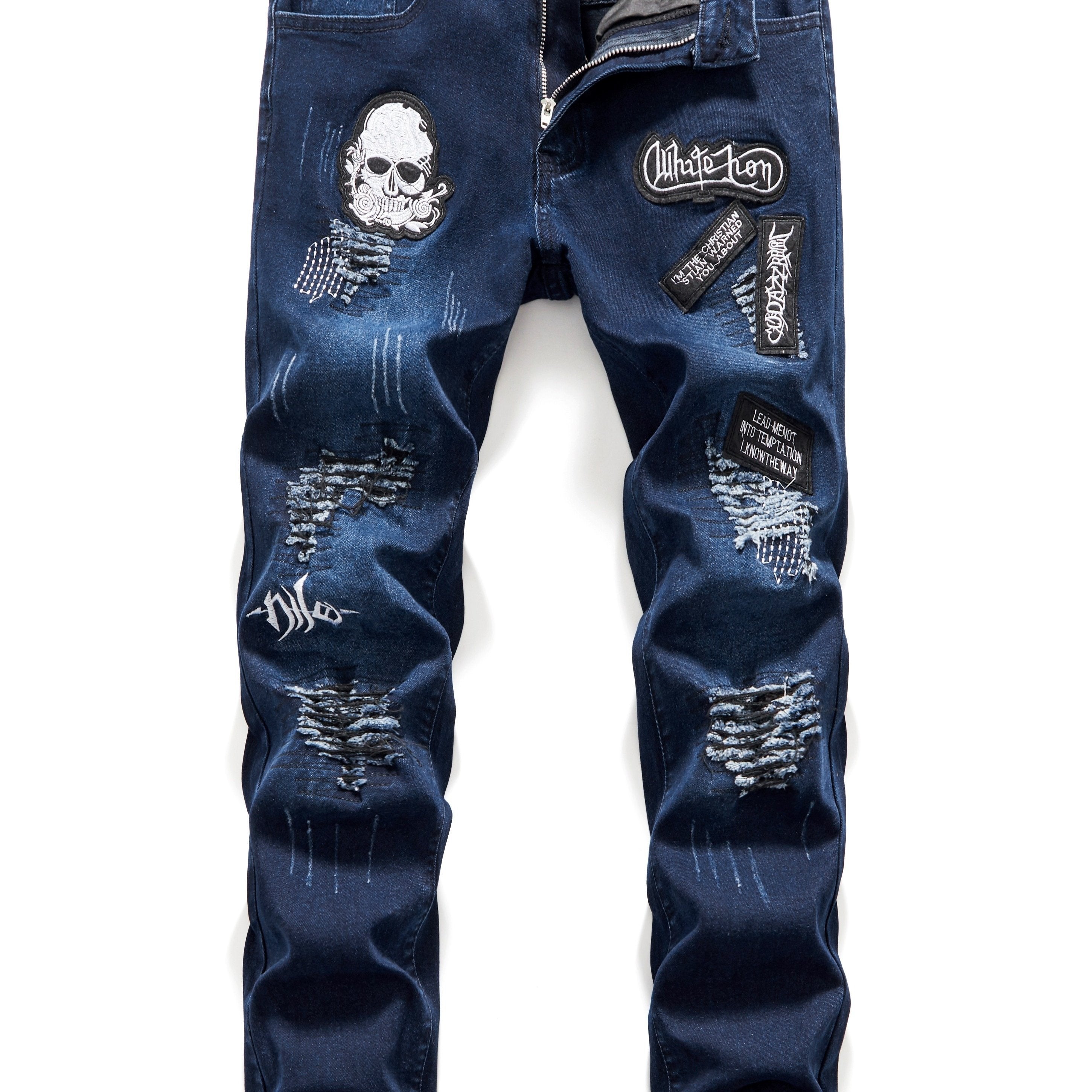 Men's Halloween Patchwork Jeans, Casual Street Style Medium Stretch Denim Pants
