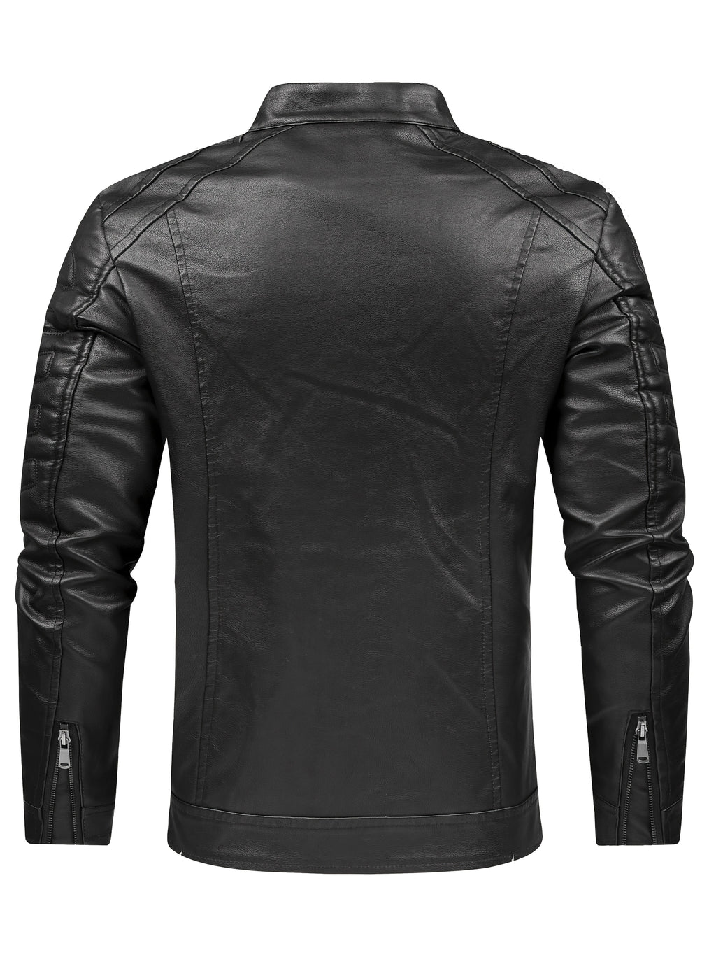 Men's Slim Fit PU Leather Jacket - Black, Double Zipper, Stand Collar, Warm Lined, Casual Style, Machine Washable, Everyday Jacket | Modern PU Leather Jacket | Durable PU Leather Look