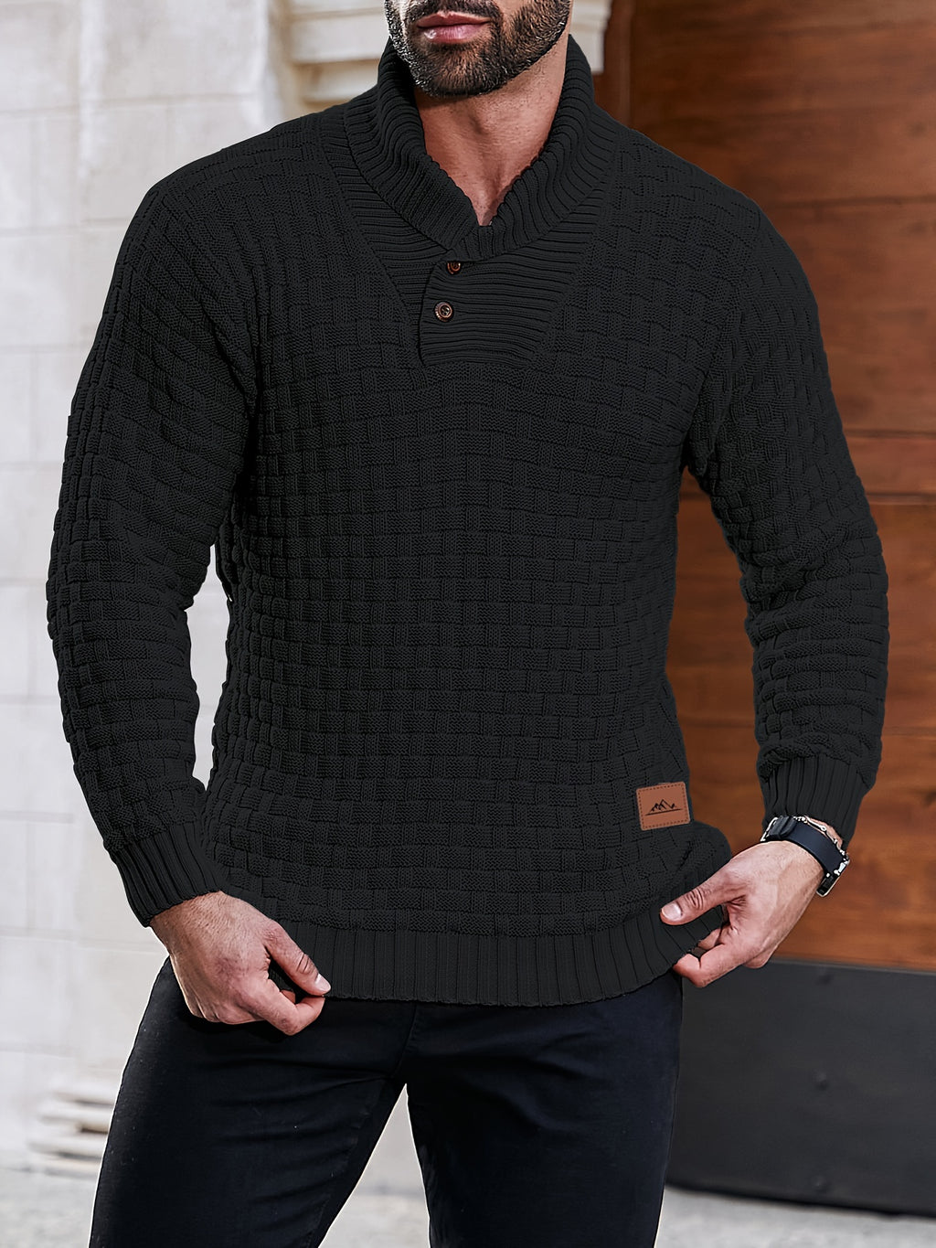 Pull col roulé uni en coton gaufré chaud pour homme d'affaires en déplacement