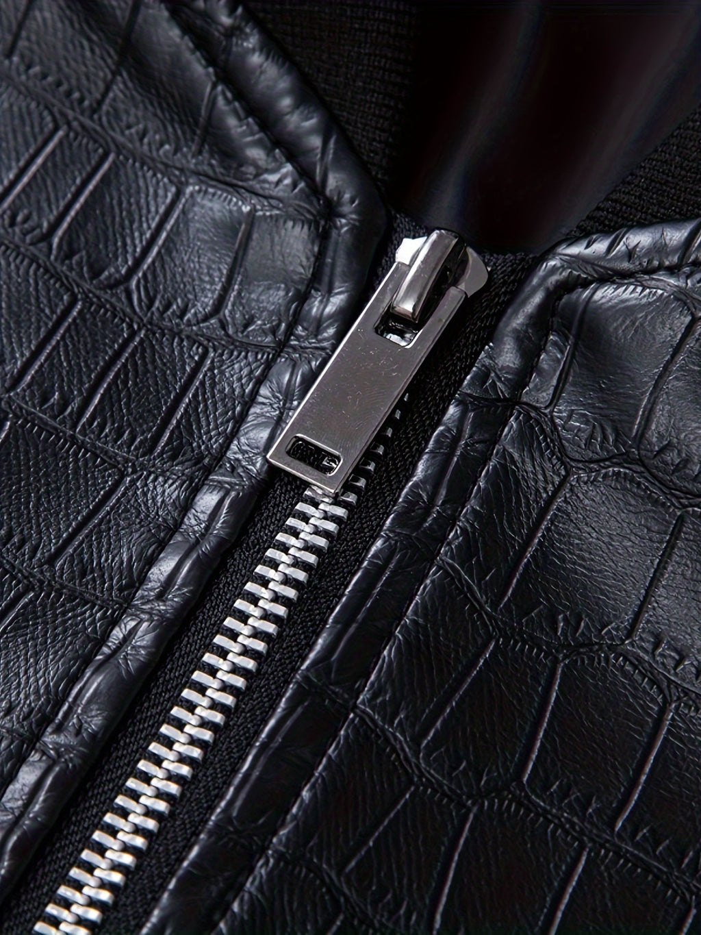 Men's Stylish Black PU Leather Jacket with Zipper Design, Baseball Collar & Crocodile Texture - Perfect for Casual Outings & Outdoor Adventures