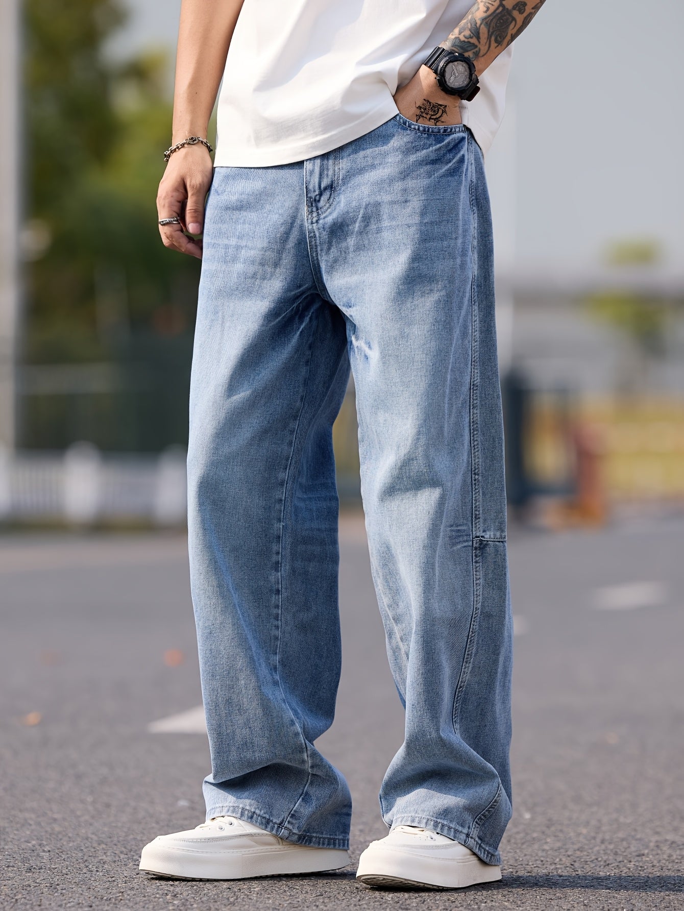 American High Street Deconstructed Stitching Design Loose Jeans, Vintage Wash Wide Leg Pants, Suitable for Men and Women (Without Belt\u002FWithout Accessories)