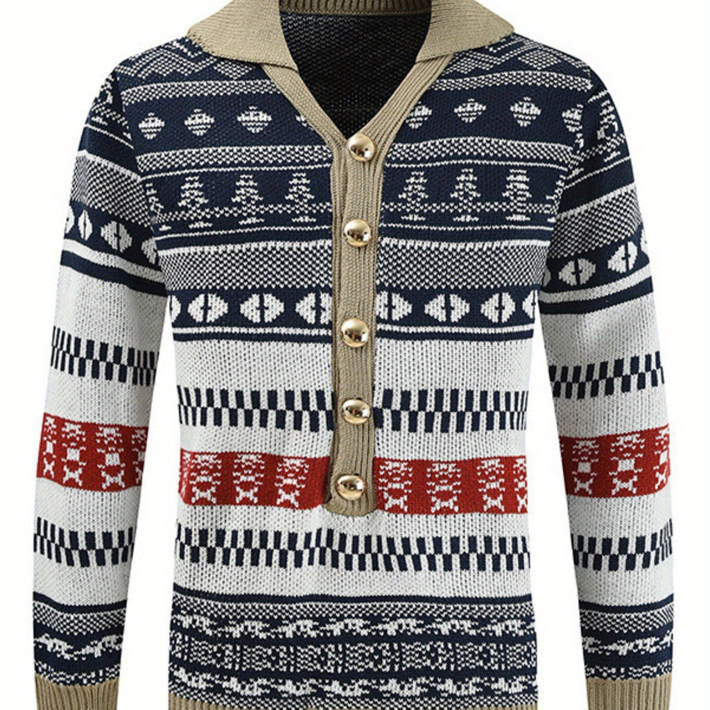 Pull à manches longues décontracté pour homme - Bleu marine avec motif de vacances, coupe ample, col rond, mélange de polyester, vêtements d'automne et d'hiver, pull de vacances | Cardigan à motif | Mélange de polyester, tricot