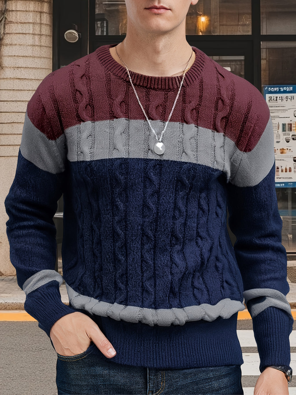 Pull Homme à Mailles Contrastées et Blocs de Couleurs - Col Rond Doux, Manches Longues pour Toutes Saisons, Lavable en Machine, Coupe Classique pour Tenue Décontractée & Soirée