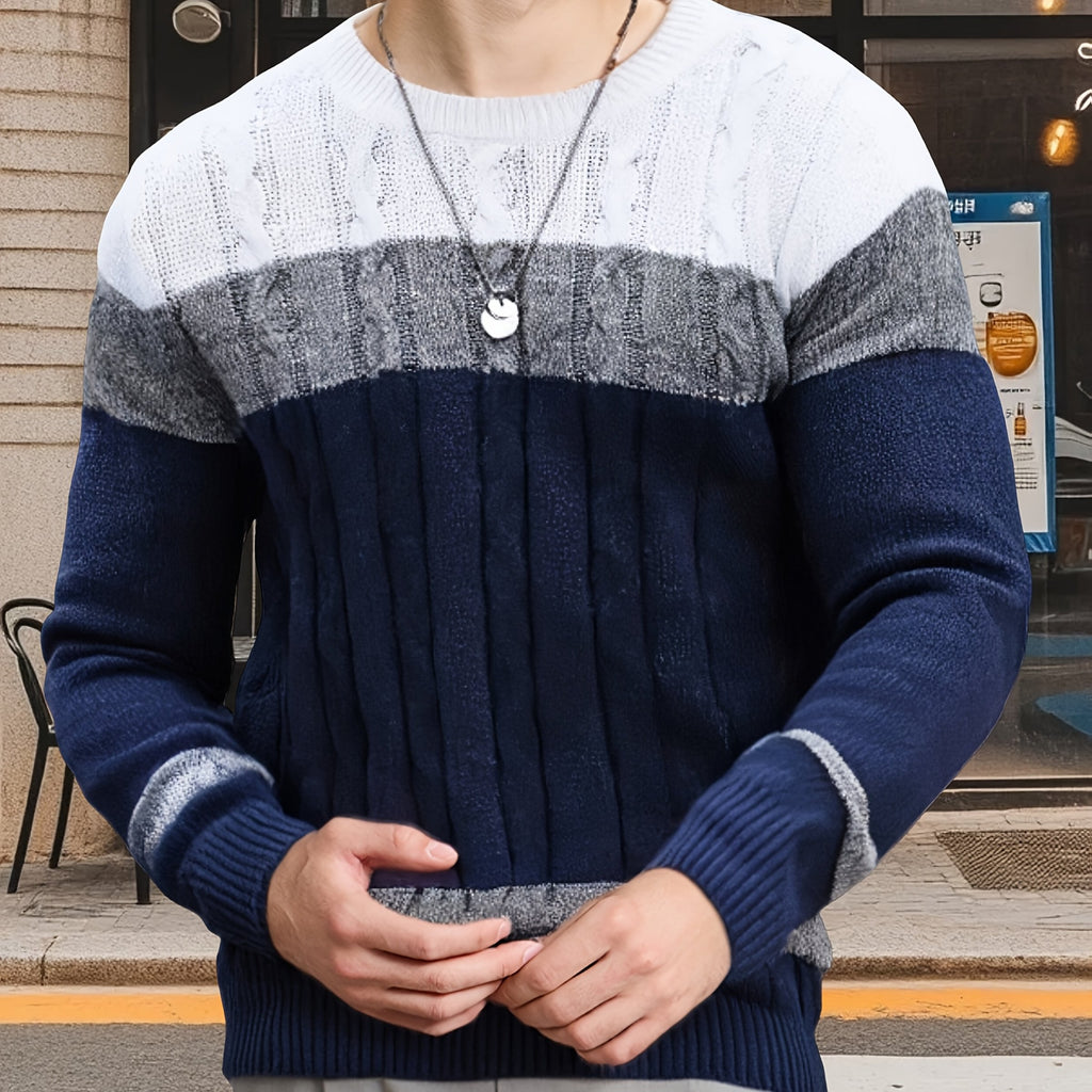 Pull Homme à Mailles Contrastées et Blocs de Couleurs - Col Rond Doux, Manches Longues pour Toutes Saisons, Lavable en Machine, Coupe Classique pour Tenue Décontractée & Soirée