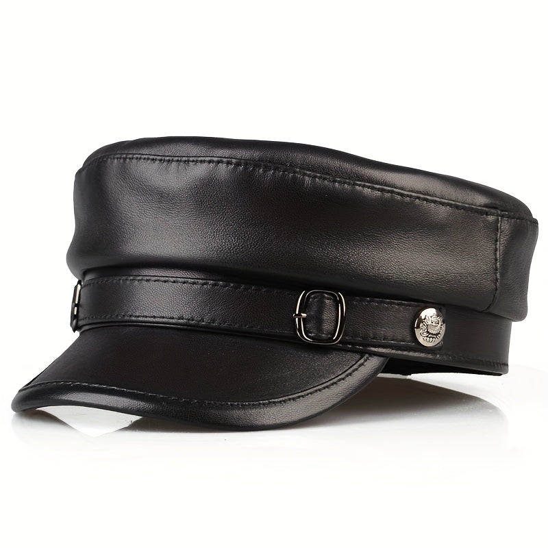 Men's genuine leather sheepskin flat top hat, retro British style, high-quality leather, suitable for all seasons