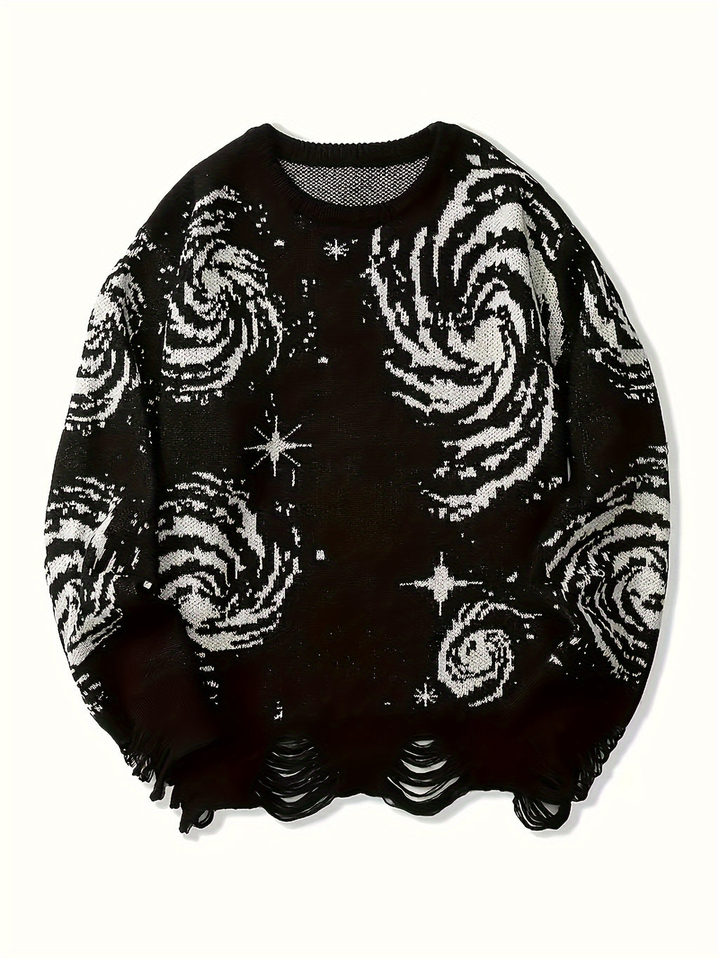 Pull-over Décontracté Homme Grande Taille Col Rond Tricoté Motif Ciel Étoilé à Ourlet Effet Détaché avec Franges, Univers en Stretch Chaud - PLUS SIZE
