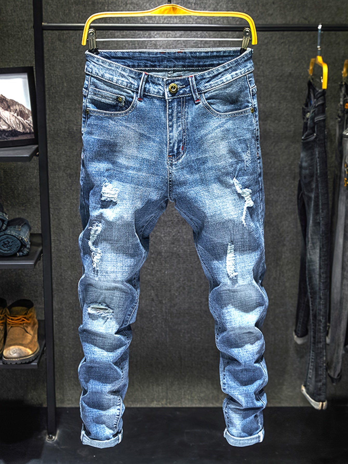 Men's Casual Regular Jeans, Street Style Chic Stretch Denim Pants