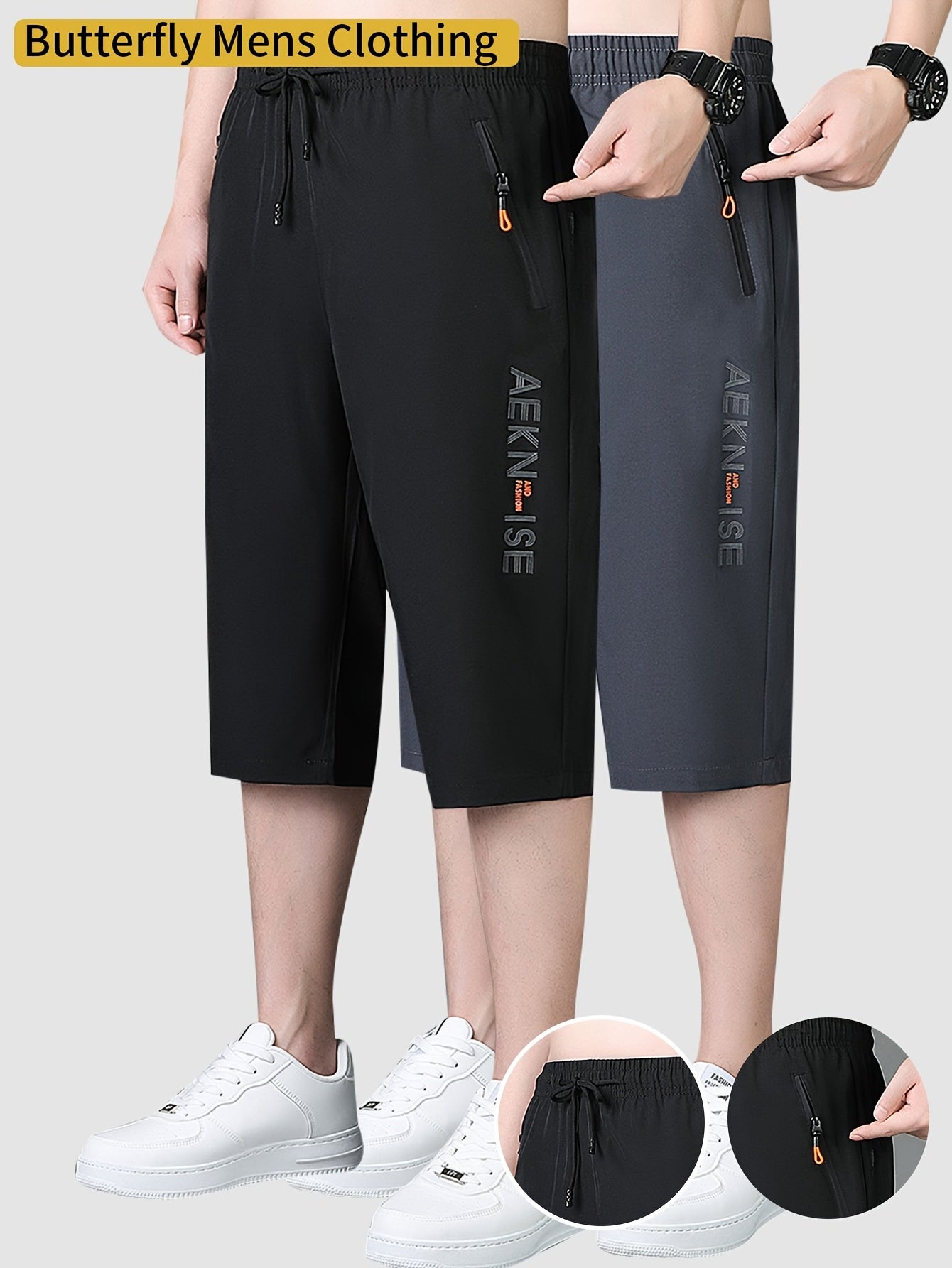 2pcs Men's Mid-Thigh Athletic Shorts with Drawstring & Zipper Pockets - Stylish Letter Print Design, Black & Navy Blue, Perfect for Gym, Casual Wear, Yoga, and Outdoor Activities, Modern Sports Apparel | Durable Sportswear