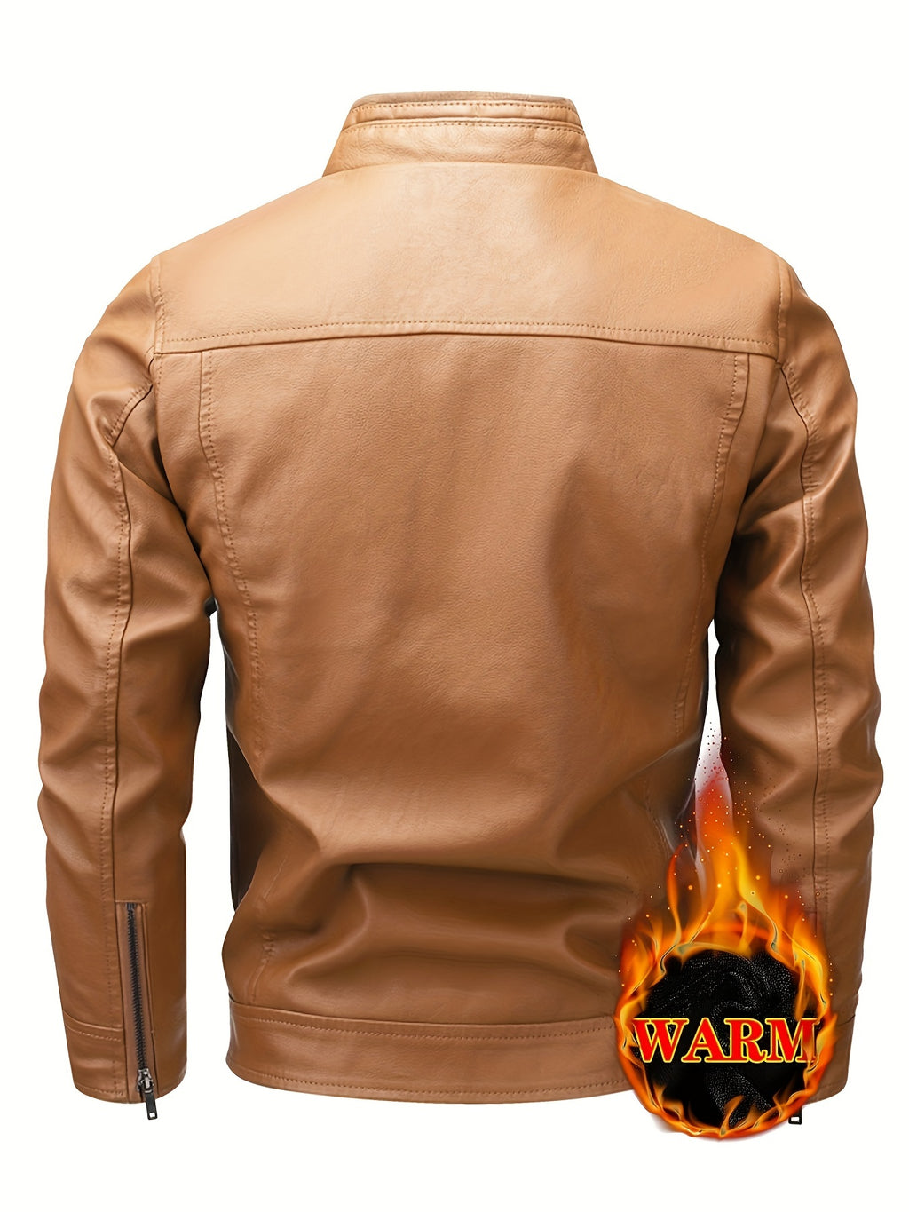 Men's Warm Fleece-Lined Jacket - Trendy Stand Collar Zip-Up Biker Coat for Fall\u002FWinter, Brown, Multiple Pockets, Machine Washable