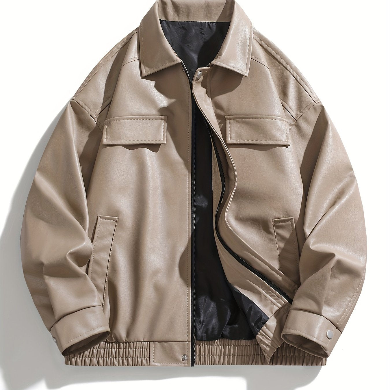 AWESOME BIRD Men's Retro PU Leather Jacket - Casual Street Style, Black Smooth Finish, Long Sleeve with Flap Pockets, Zip-Up Closure, Machine Washable, Polyester Blend