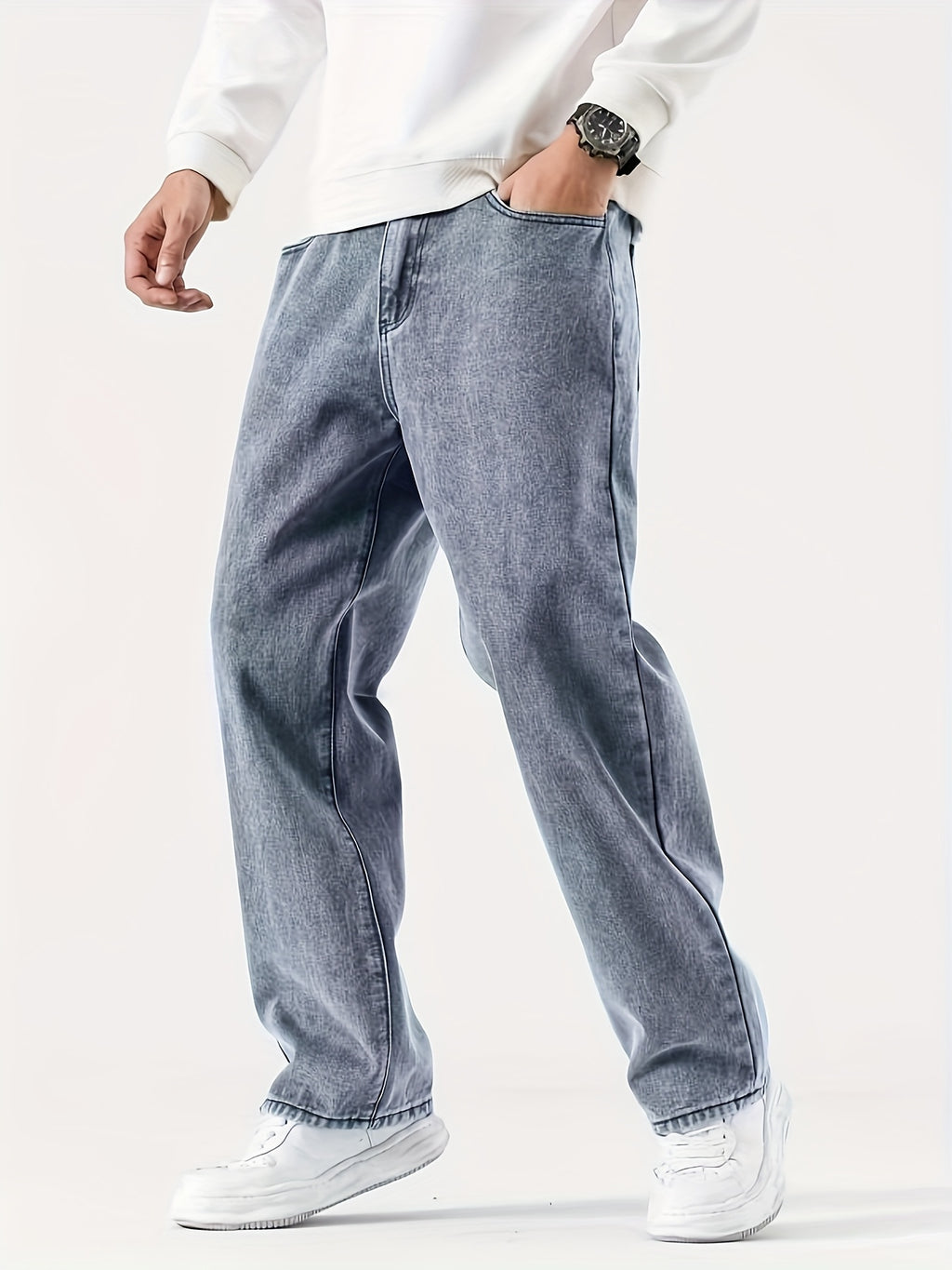 Men'S Casual Denim Jeans, 54% Cotton 32% Polyester 12% Viscose, Solid Color, Regular Fit, Straight Leg, All-Season, Woven Fabric, 290g\u002Fm², with Pockets - Adult