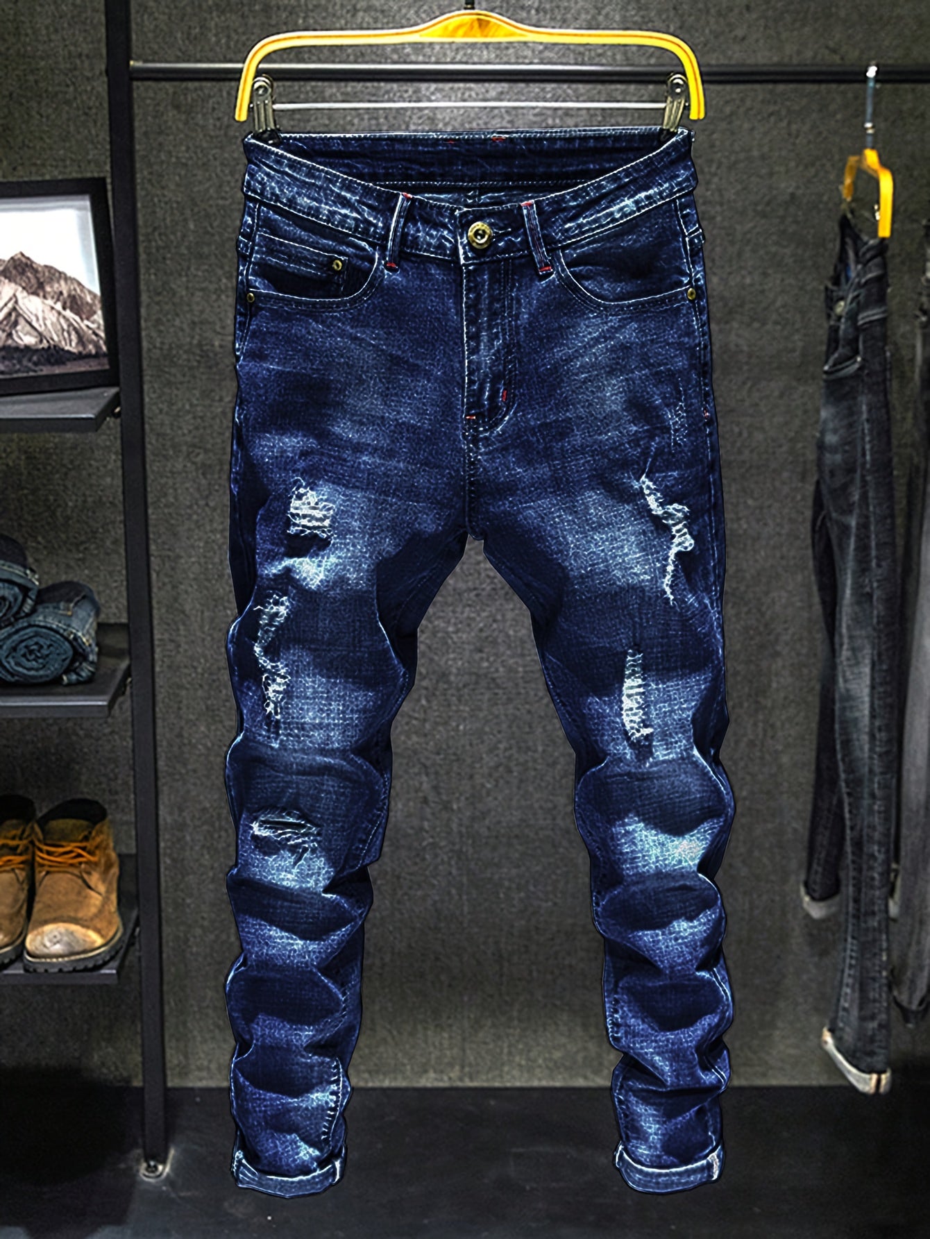 Men's Casual Regular Jeans, Street Style Chic Stretch Denim Pants