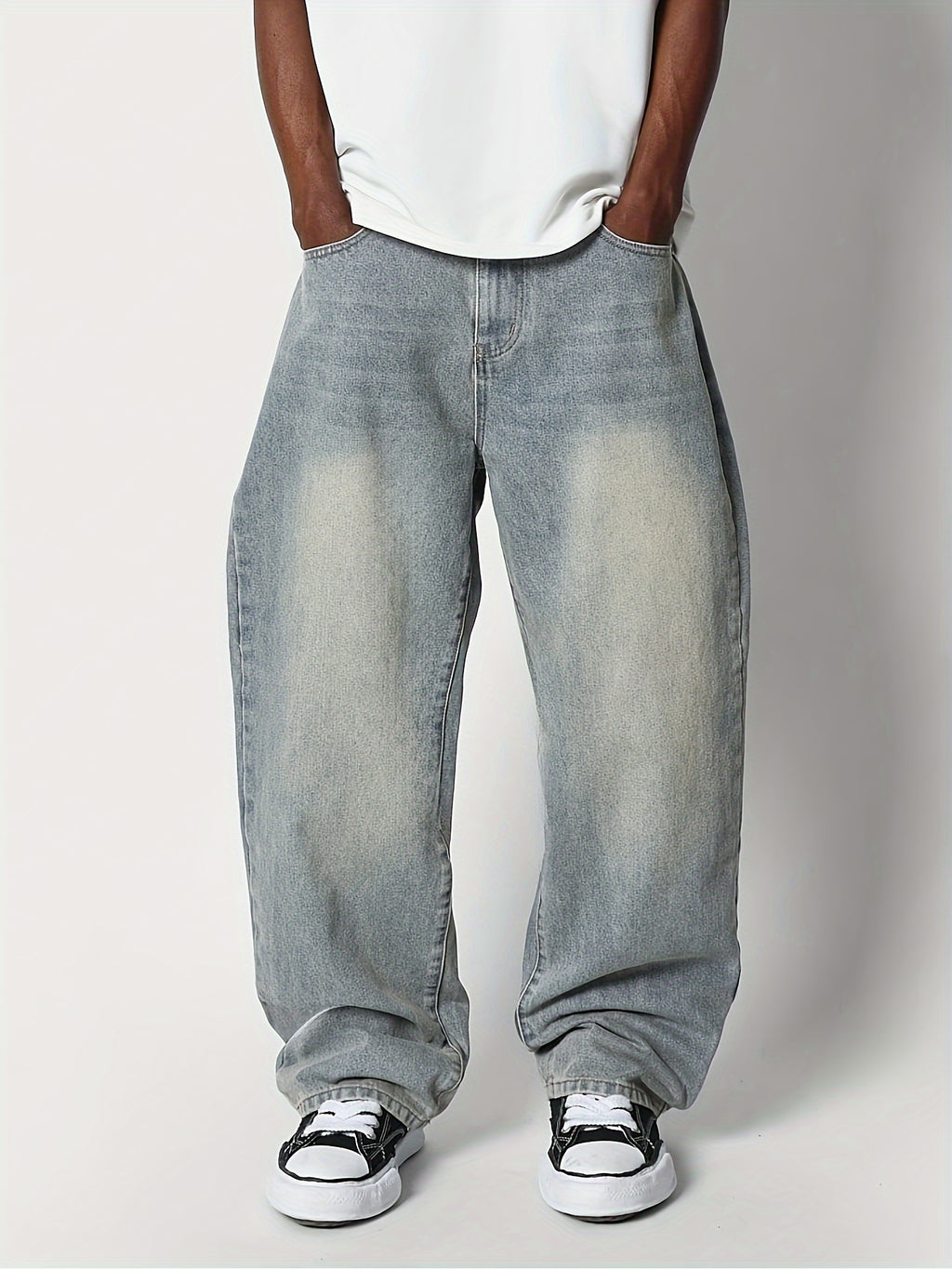 1pc Men'S Retro Distressed Jeans, 65% Cotton 35% Polyester, Non-Stretch Fabric, All-Season Solid Color, Loose Fit, Regular Length with Zipper, Casual Street Style