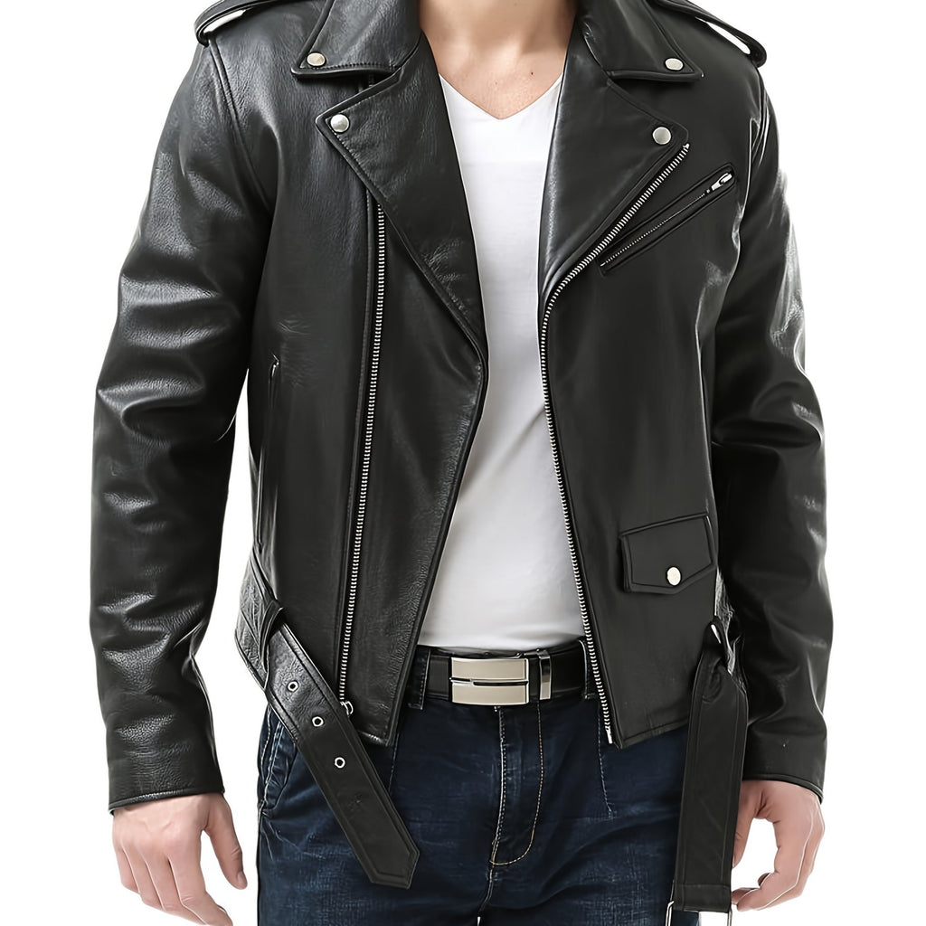 Men'S Fitted Motorcycle-Style PU Faux Leather Jacket