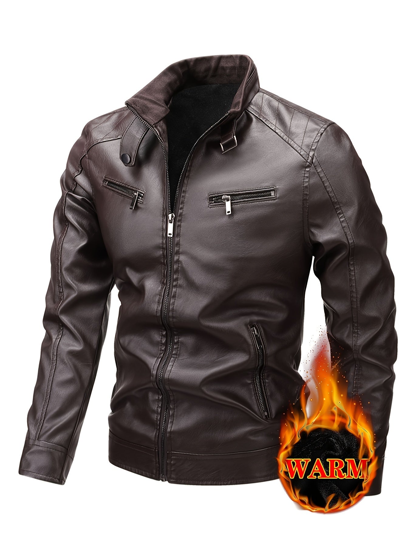 Men's Warm Fleece-Lined Jacket - Trendy Stand Collar Zip-Up Biker Coat for Fall\u002FWinter, Brown, Multiple Pockets, Machine Washable