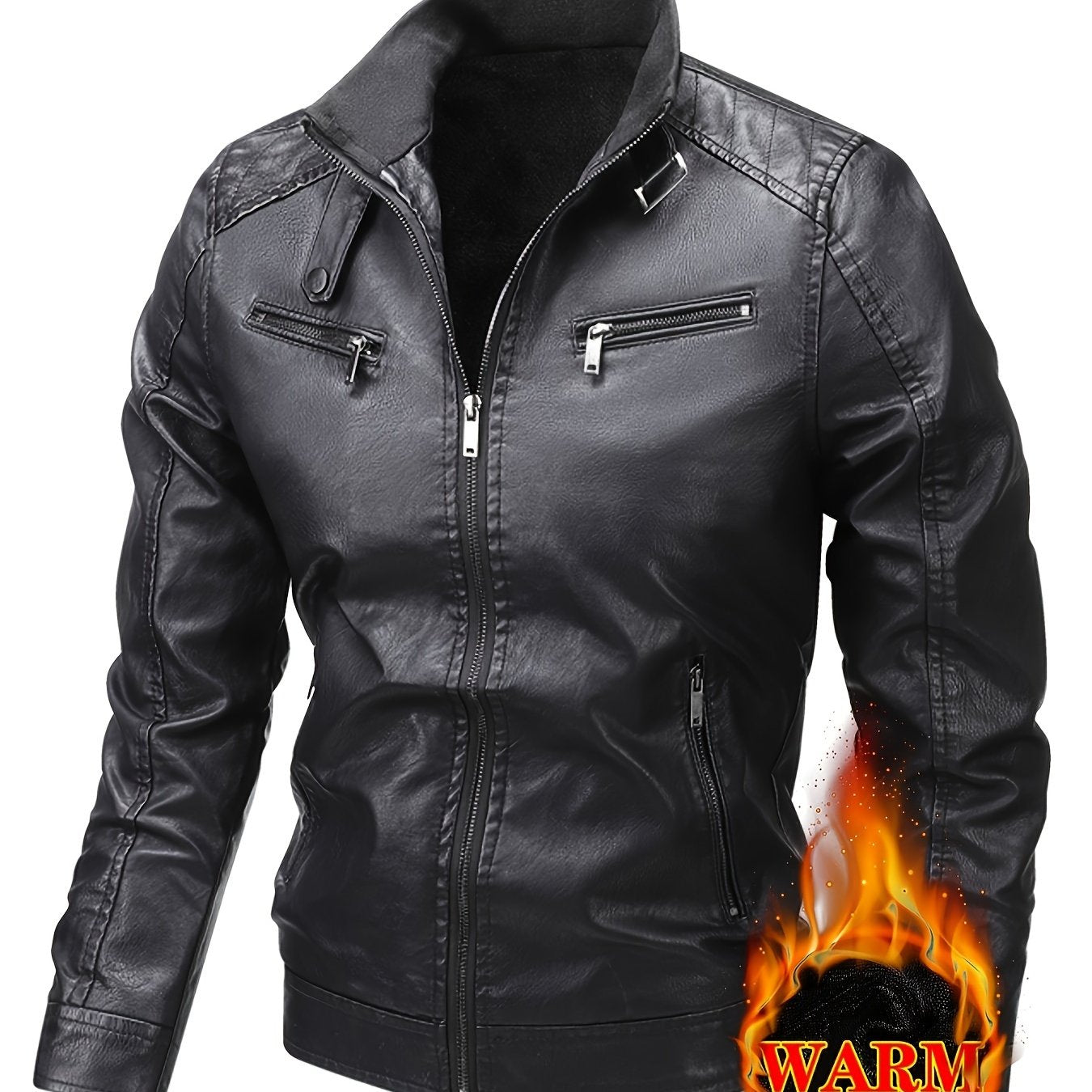 Men's Warm Fleece-Lined Jacket - Trendy Stand Collar Zip-Up Biker Coat for Fall\u002FWinter, Brown, Multiple Pockets, Machine Washable