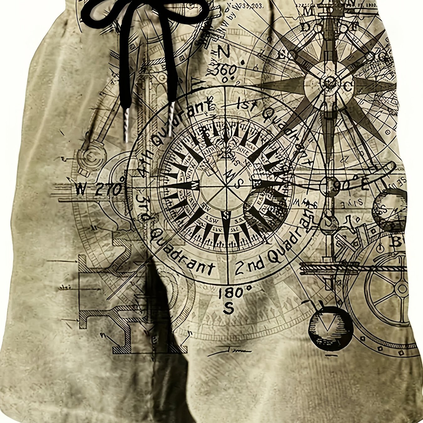 Men's Vintage Nautical Quick-Dry Shorts - Compass & Sailing Charts Design, Ideal for Summer Water Sports, Beach, and Surfing, Lightweight Polyester Fabric with Drawstring Waist