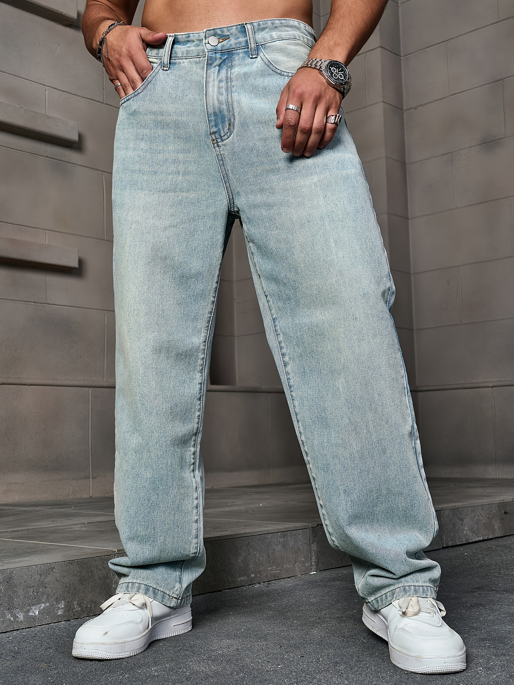 Men'S Fashion Straight Leg Jeans - Light Wash Denim, Non-Stretch Fabric, Regular Fit for All Seasons, Casual Street Style, Classic Whisker Design, Weekend Casual Wear | Classic Straight Leg | Washed Deni