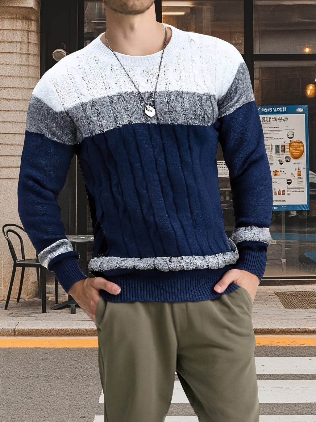 Pull Homme à Mailles Contrastées et Blocs de Couleurs - Col Rond Doux, Manches Longues pour Toutes Saisons, Lavable en Machine, Coupe Classique pour Tenue Décontractée & Soirée