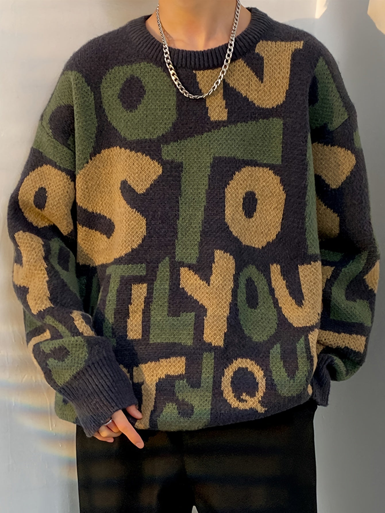 Pull en tricot à lettres imprimées pour hommes de grande taille, tendance printemps automne K-pop
