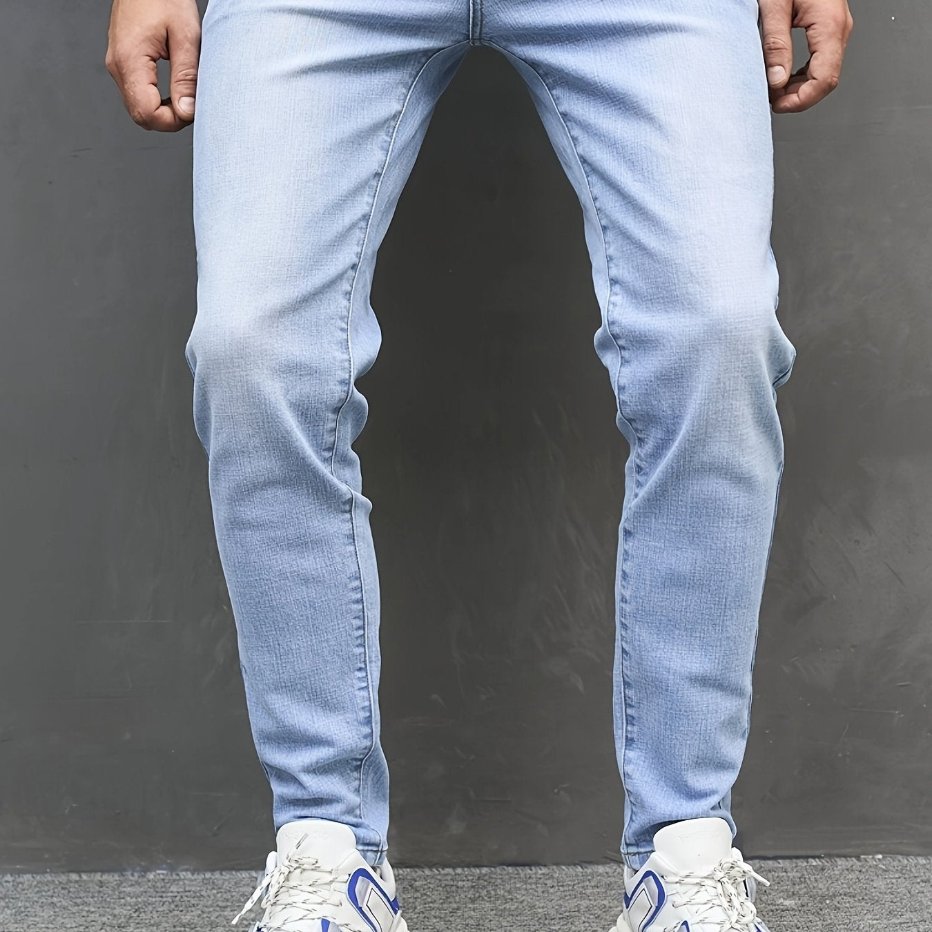 Men'S Slim Fit Stretch Denim Jeans - Light Blue Casual Slimming Pants, Raw Wash Solid Color, Mid-Rise, All-Season Wear, Comfortable & Stylish for Casual Attire