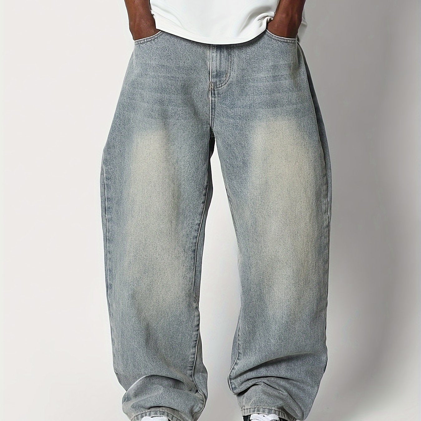 1pc Men'S Retro Distressed Jeans, 65% Cotton 35% Polyester, Non-Stretch Fabric, All-Season Solid Color, Loose Fit, Regular Length with Zipper, Casual Street Style