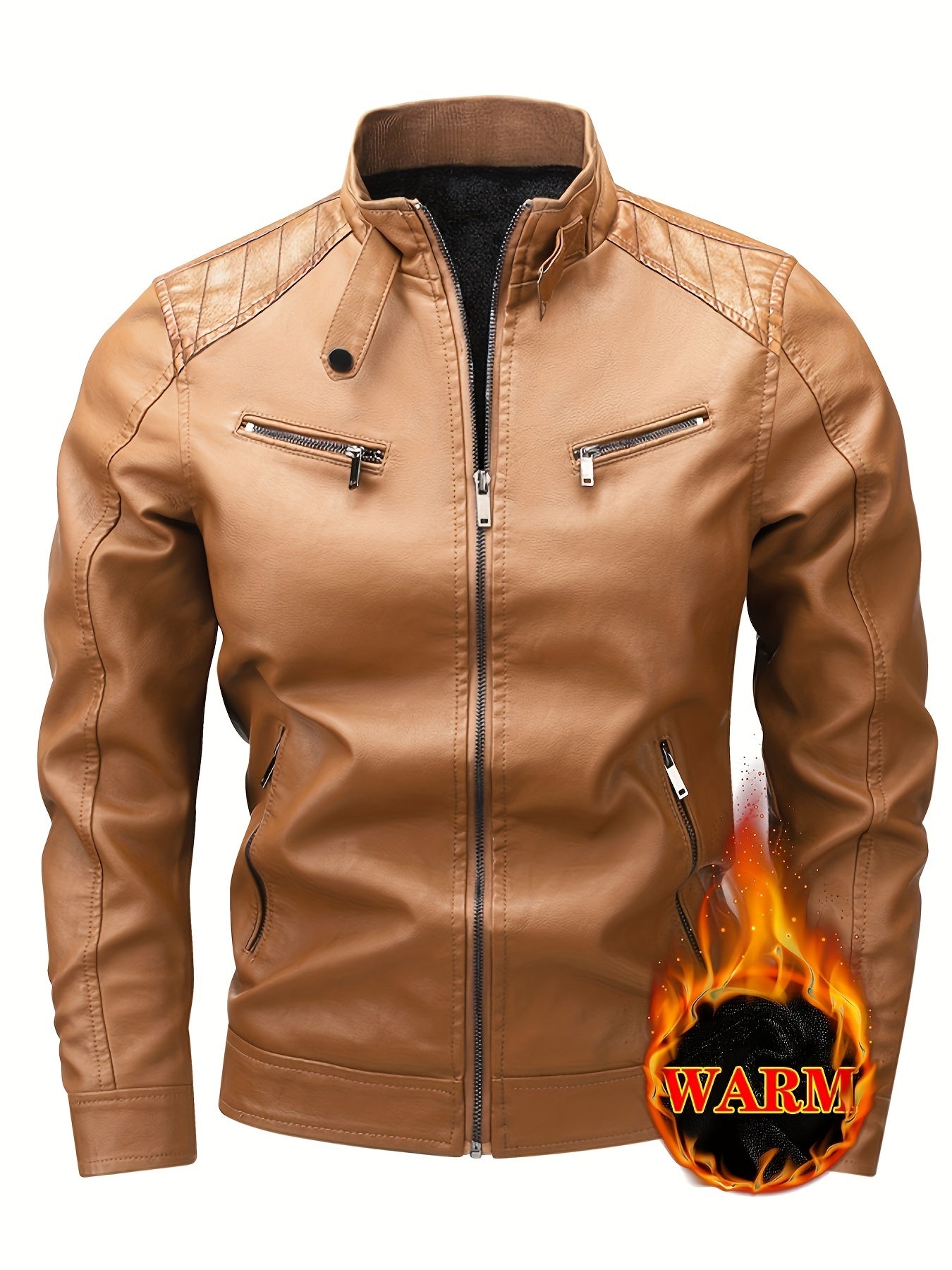Men's Warm Fleece-Lined Jacket - Trendy Stand Collar Zip-Up Biker Coat for Fall\u002FWinter, Brown, Multiple Pockets, Machine Washable