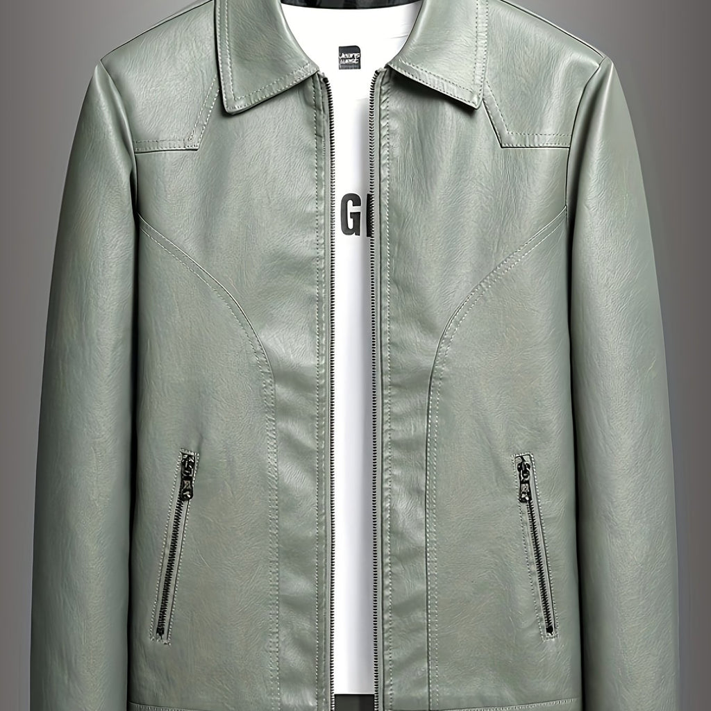 PUPU PU Leather Men's Big & Tall Casual Jacket - Light Green PU Leather Windproof Motorcycle Style with Zipper Closure, Polyester Lining & Side Pockets, Regular Fit for Spring\u002FFall Outdoor Hiking & Casual Wear, Durable Fashion