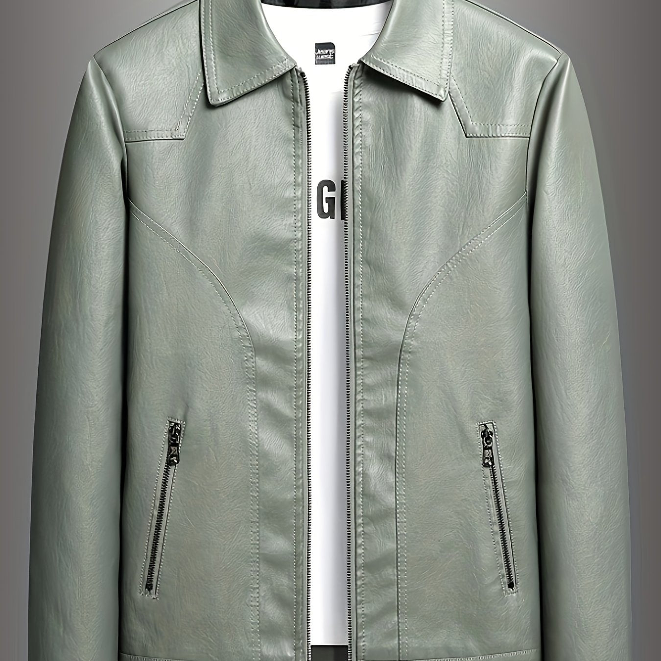 PUPU PU Leather Men's Big & Tall Casual Jacket - Light Green PU Leather Windproof Motorcycle Style with Zipper Closure, Polyester Lining & Side Pockets, Regular Fit for Spring\u002FFall Outdoor Hiking & Casual Wear, Durable Fashion