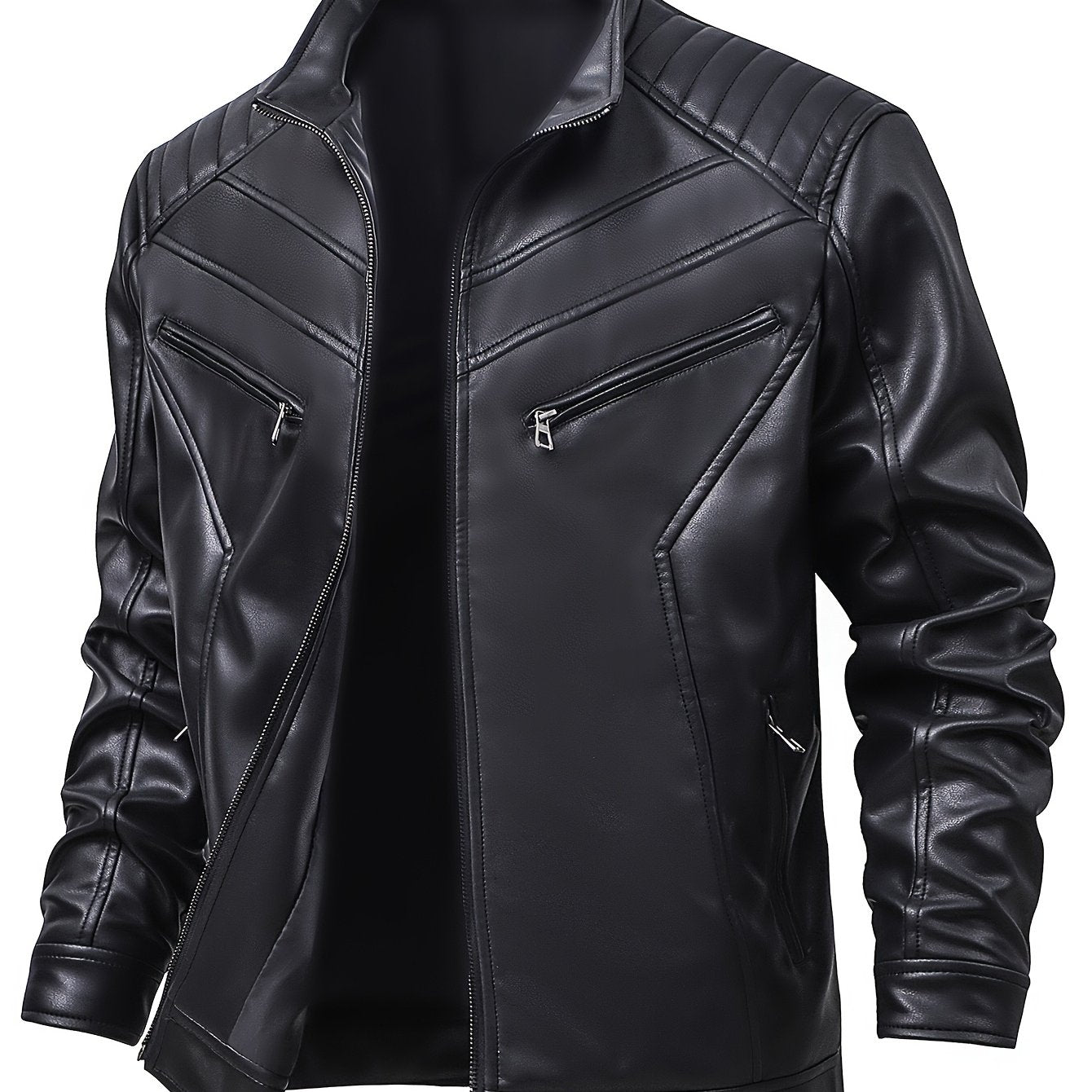 Men's PU Leather Motorcycle Jacket with Stand Collar, Multiple Pockets & Zipper Closure - Casual Workwear Style for All-Season Riding & Daily Wear, Motorcycle Riding Gear, Daily Wear Jacket, Zipper Closure Jacket, Functional Design