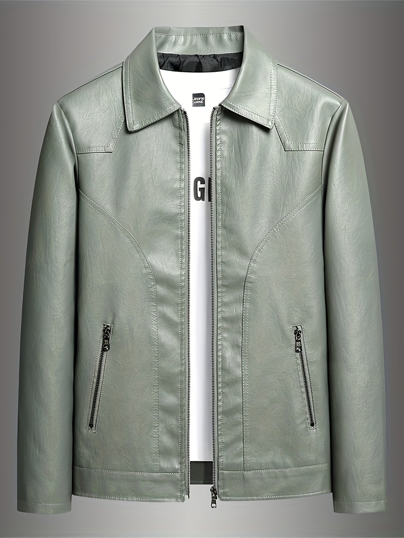 PUPU PU Leather Men's Big & Tall Casual Jacket - Light Green PU Leather Windproof Motorcycle Style with Zipper Closure, Polyester Lining & Side Pockets, Regular Fit for Spring\u002FFall Outdoor Hiking & Casual Wear, Durable Fashion