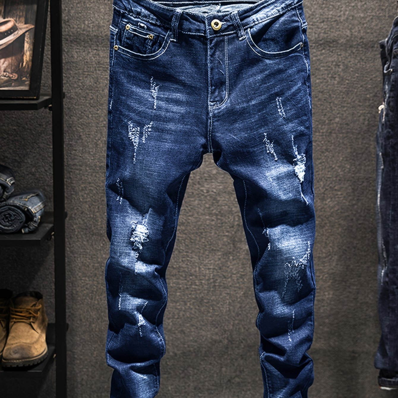 Men's Regular Fit Distressed Ripped Jeans, Fashion Denim Pants For Men, Four-Season Wear