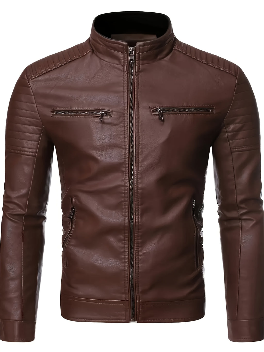 Men'S Punk Style Faux Leather Jacket - Windproof Casual Biker-Inspired Zip-Up with Stand Collar, Full-Zip Front, and Side Pockets for Spring & Fall, Winter Apparel | Stand Collar Jacket | Zipper Closure Jacket