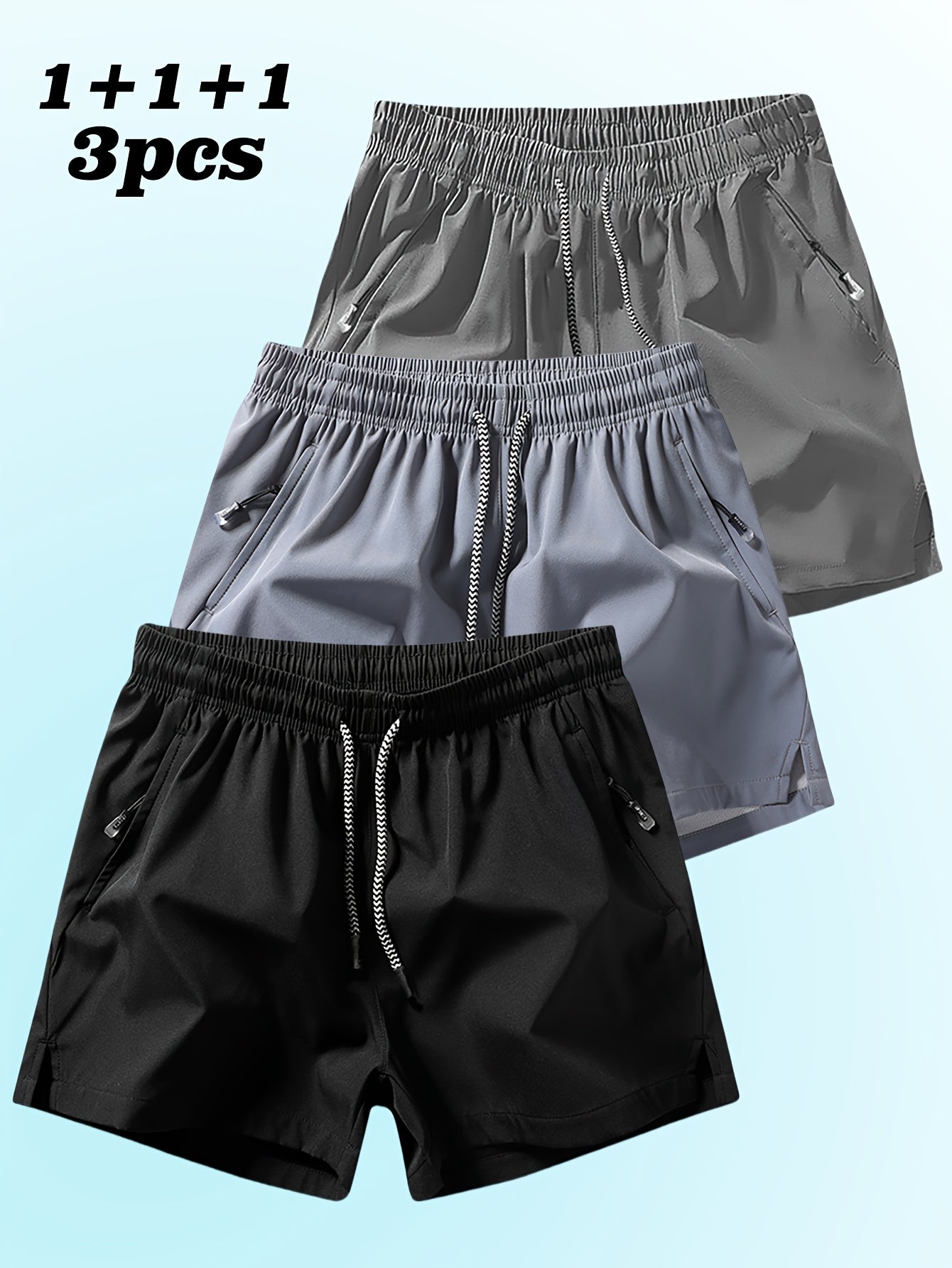 3pcs Men's Casual Athletic Shorts - Breathable, Comfortable, Zippered Pockets, Elastic Waistband, Solid Colors (Blue, Gray, Black) for Fitness, Running & Casual Attire, Running Shorts | Minimalist Shorts | Smooth Texture