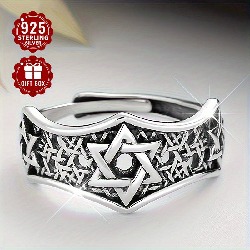 Approx. 4g of Total Weight 1pc Women'S Fashion Wide Band Ring; 925 Pure Silvery Hollow Retro Hip Hop Hexagram Star Adjustable Ring Niche Design Men'S and Women'S Ring; Suitable for Party Activities; Suitable for Giving to Lovers, Friends and Family