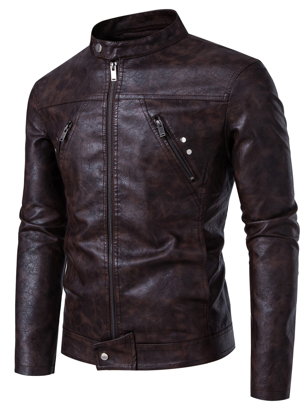 Men'S Casual Stand Collar Zipper Faux Leather Jacket, Fashion Motorcycle Style, Suitable for Street Outdoor And Riding Wear