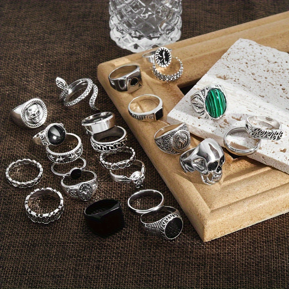 24pcs Silvery Vintage Men's Ring Set with Skull and Heart Snake Gothic Style Rings