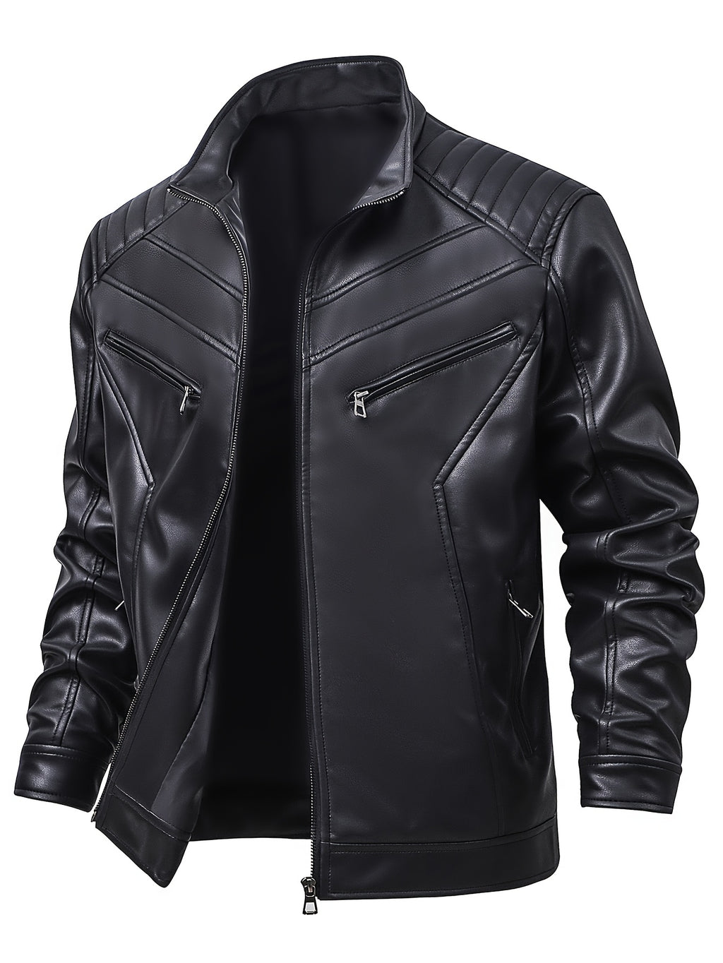 Men's PU Leather Motorcycle Jacket with Stand Collar, Multiple Pockets & Zipper Closure - Casual Workwear Style for All-Season Riding & Daily Wear, Motorcycle Riding Gear, Daily Wear Jacket, Zipper Closure Jacket, Functional Design