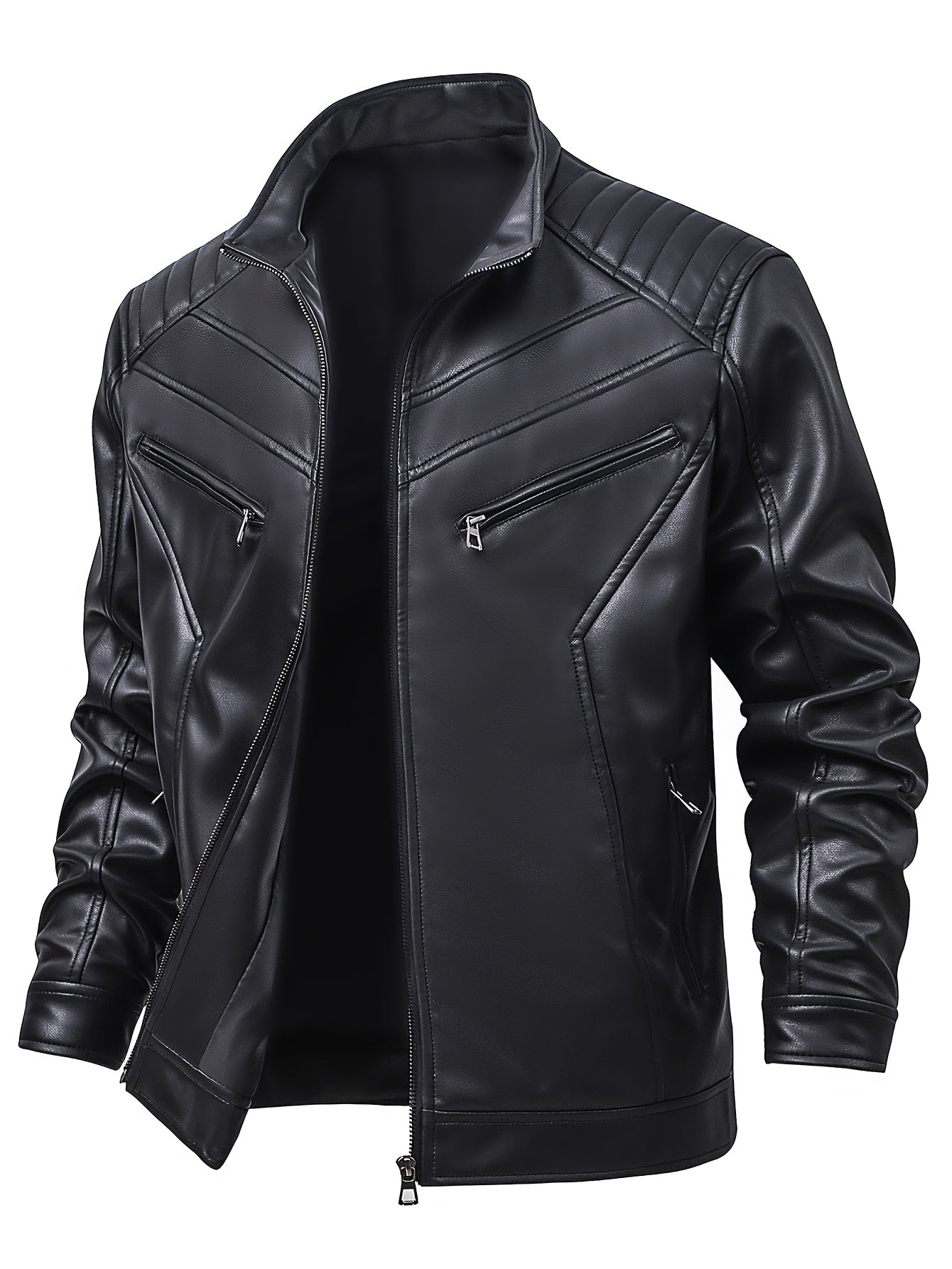 Men's PU Leather Motorcycle Jacket with Stand Collar, Multiple Pockets & Zipper Closure - Casual Workwear Style for All-Season Riding & Daily Wear, Motorcycle Riding Gear, Daily Wear Jacket, Zipper Closure Jacket, Functional Design