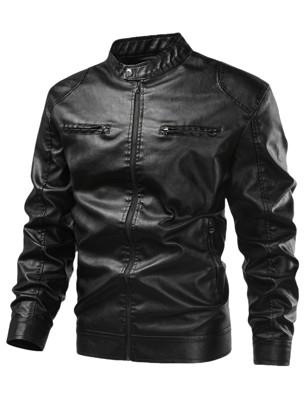 Men'S Casual Faux Leather Jacket - Black, Four-Season Zip-Up with Button Closure, Non-Stretch Fabric, Perfect for Outdoor Activities & Casual Attire, Hiking Jacket | Buttonup Jacket | Durable Construction