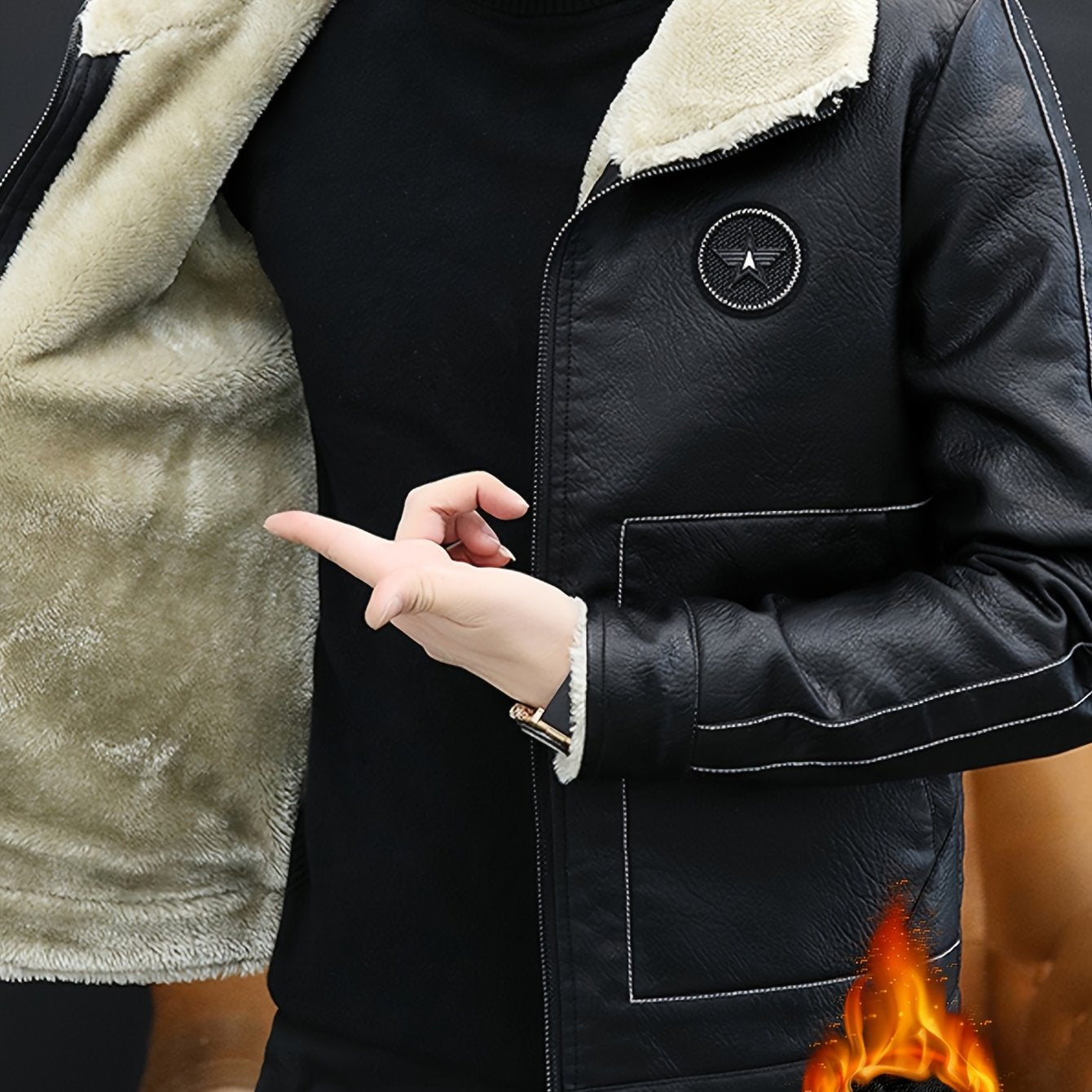 Men'S Faux Leather Jacket, Plush Lined, Zippered Motorcycle Style, Regular Fit, Vintage Look, Polyester Lining, Casual Wear