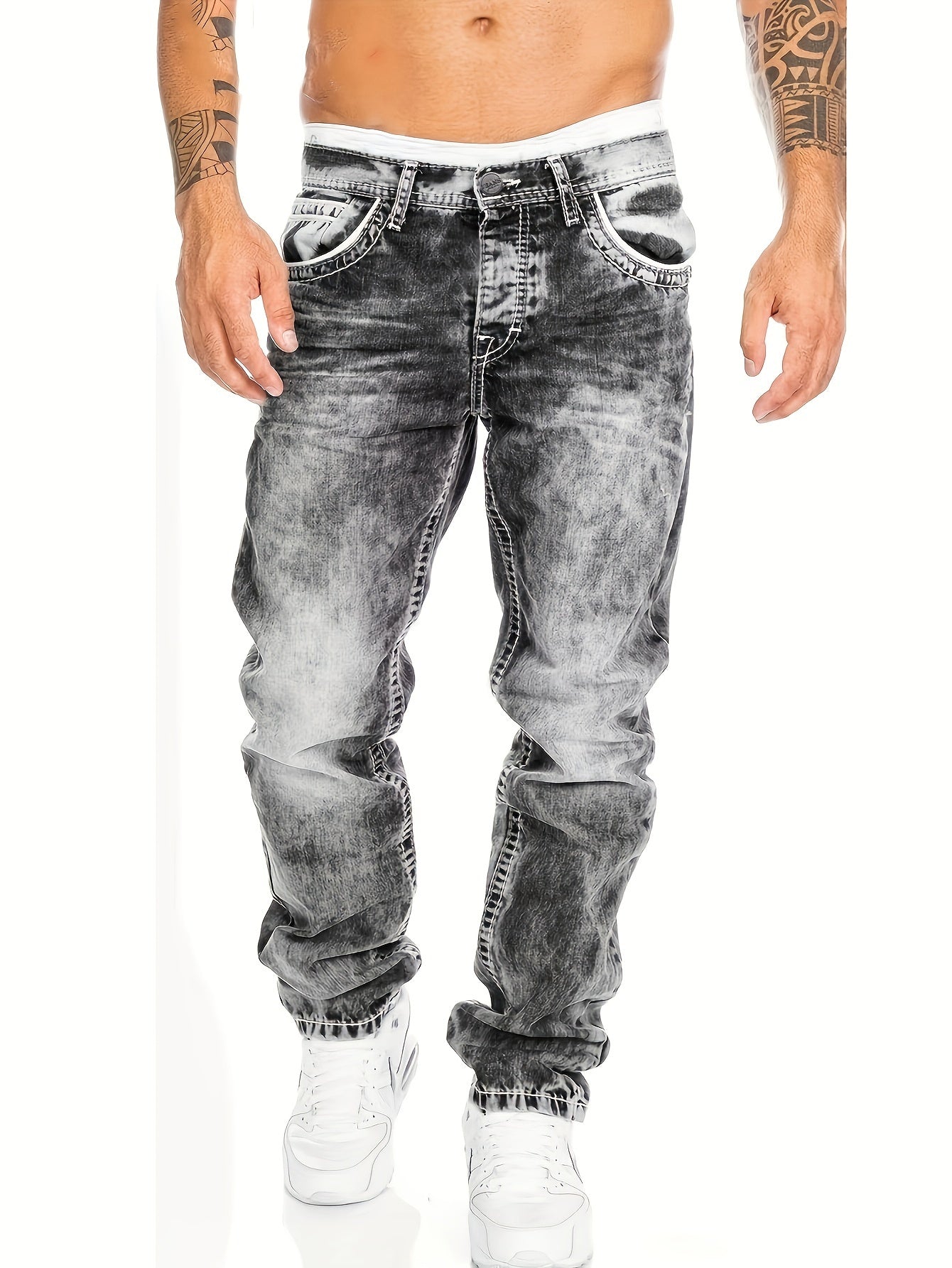 Men's Slim-Fit Straight-Leg Distressed American Snowflake Jeans - Streetwear Style Blue Denim Pants with Vintage Wash, All-Season Casual Wear, Everyday Fashion | Durable Fabric