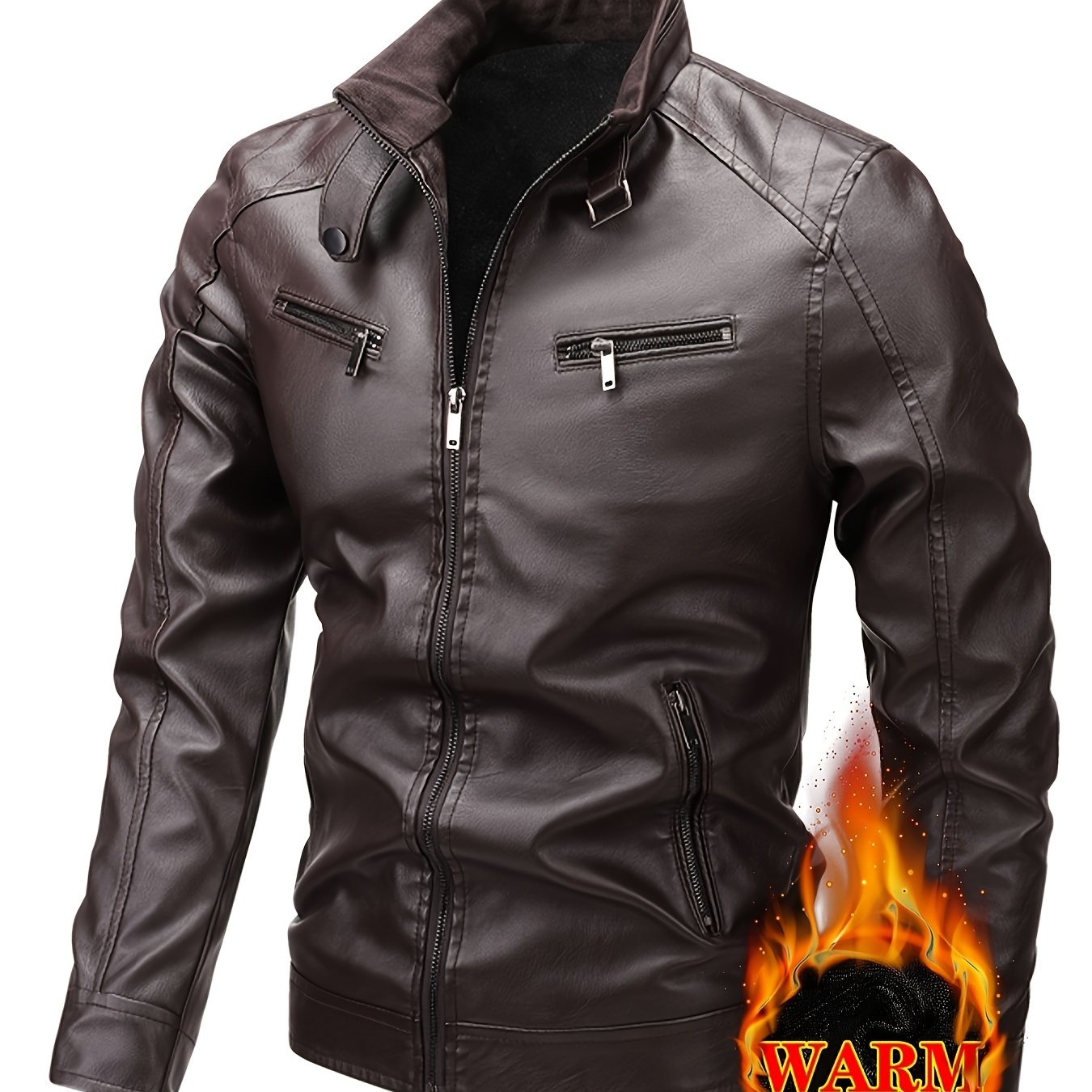 Men's Warm Fleece-Lined Jacket - Trendy Stand Collar Zip-Up Biker Coat for Fall\u002FWinter, Brown, Multiple Pockets, Machine Washable