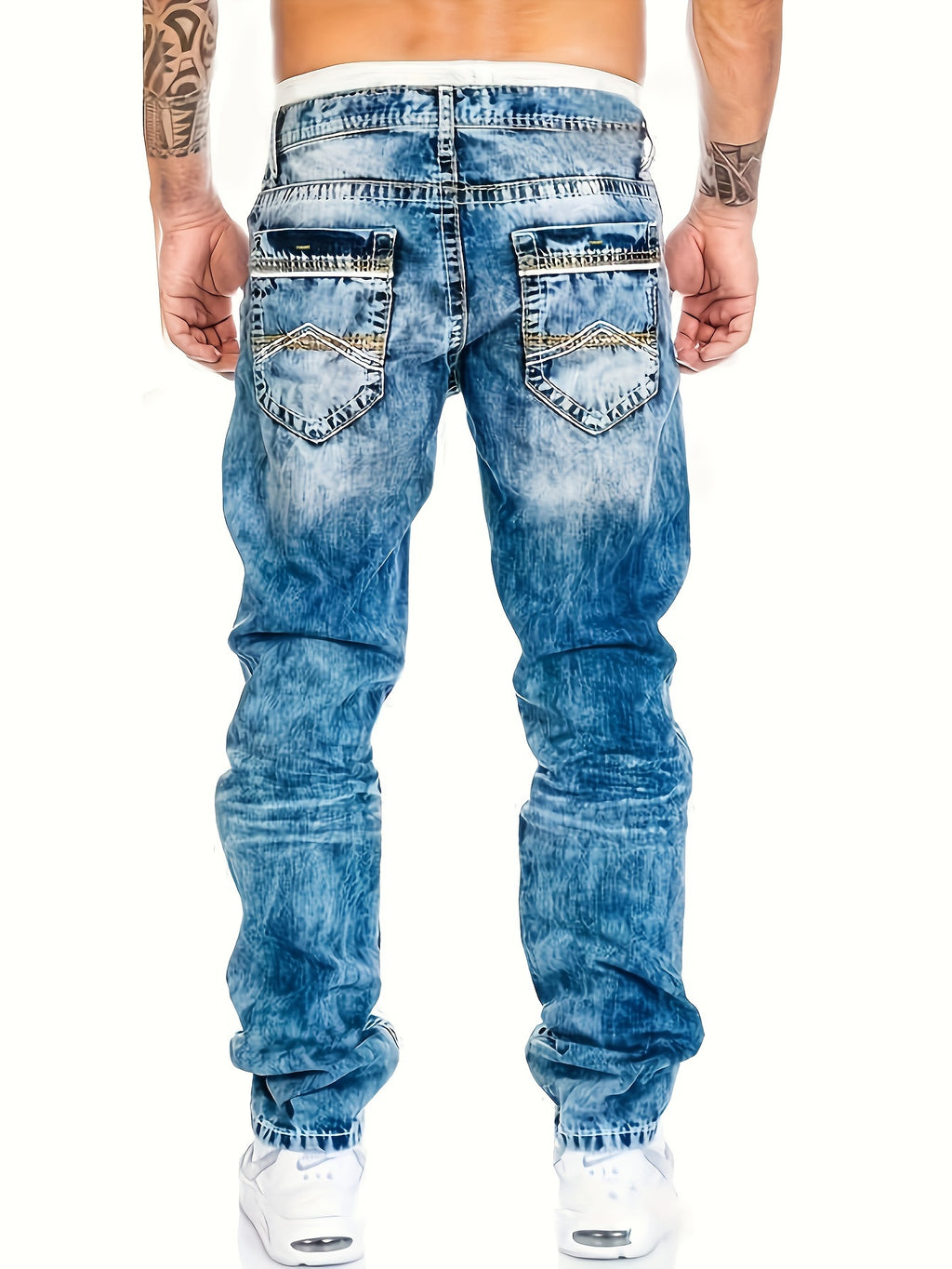 Men's Slim-Fit Straight-Leg Distressed American Snowflake Jeans - Streetwear Style Blue Denim Pants with Vintage Wash, All-Season Casual Wear, Everyday Fashion | Durable Fabric