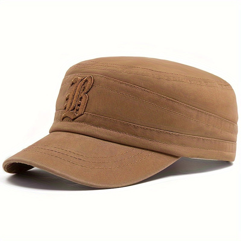 Men'S Embroidered Casual Flat Cap, 100% Polyester, Vintage Style, Solid Color, Soft Fabric, Non-Stretch, with Adjustable for Spring and Autumn