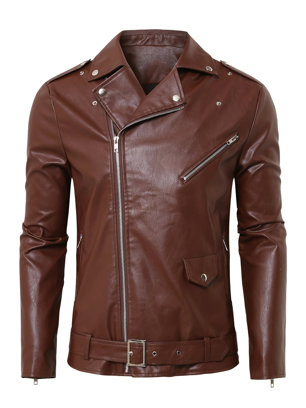 Men'S Fitted Motorcycle-Style PU Faux Leather Jacket