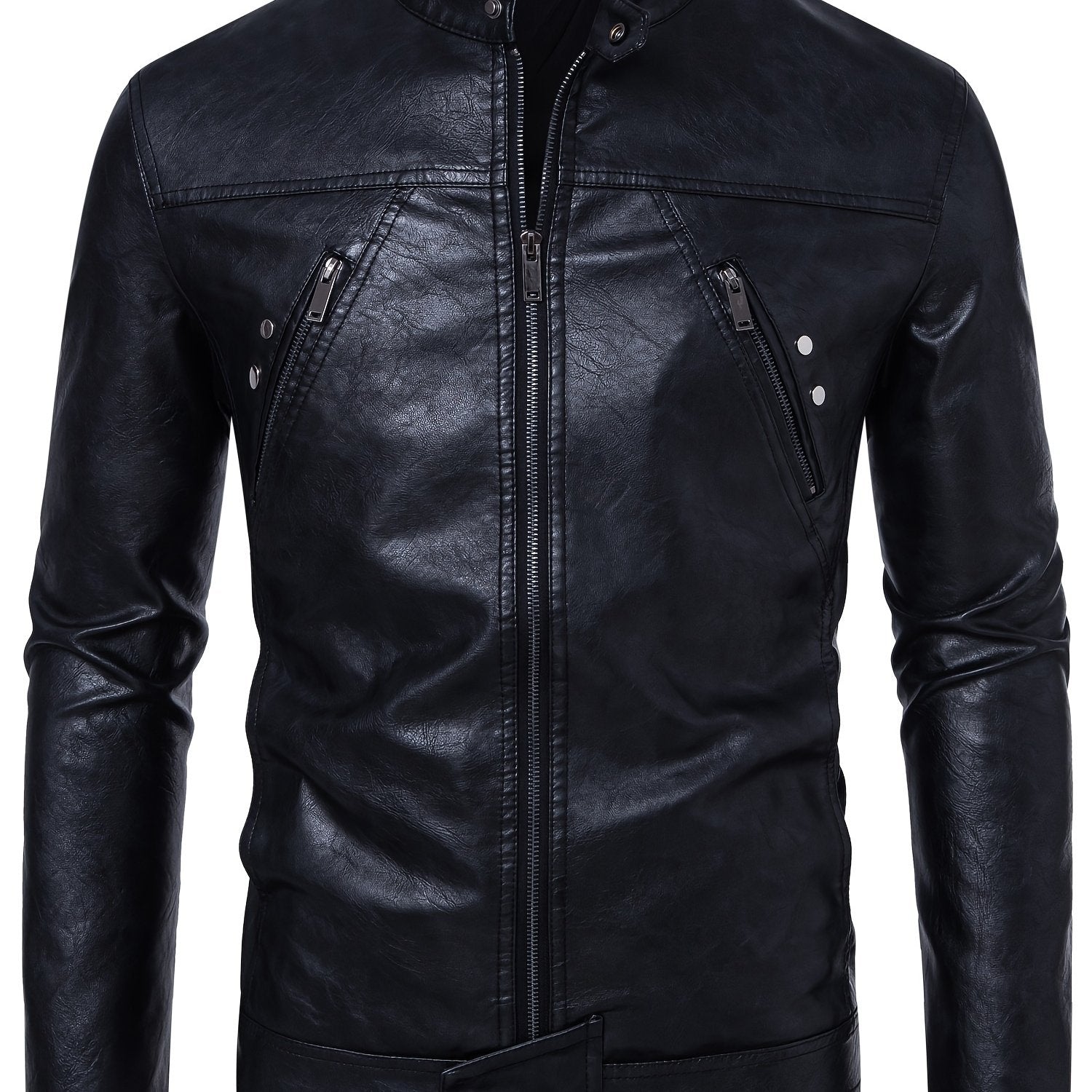 Men'S Casual Stand Collar Zipper Faux Leather Jacket, Fashion Motorcycle Style, Suitable for Street Outdoor And Riding Wear